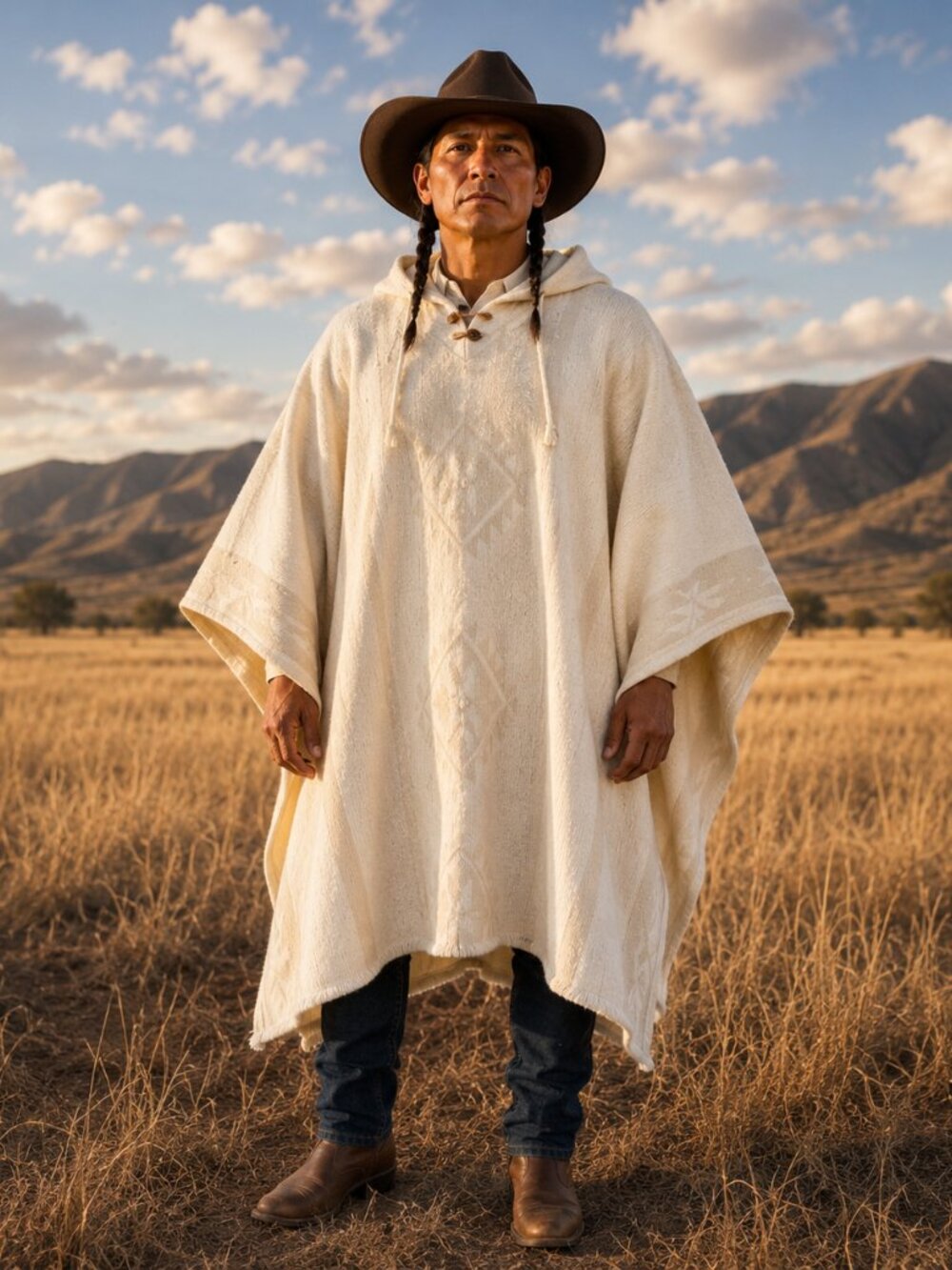 100% Andean Wool Hooded Poncho Natural Ivory Handwoven Unisex Pullover Coat